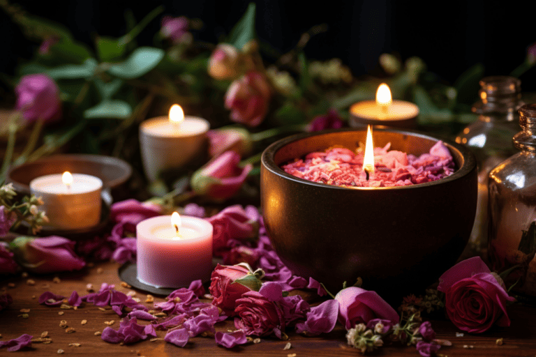 An image of a pretty arrangement of candles and petals
