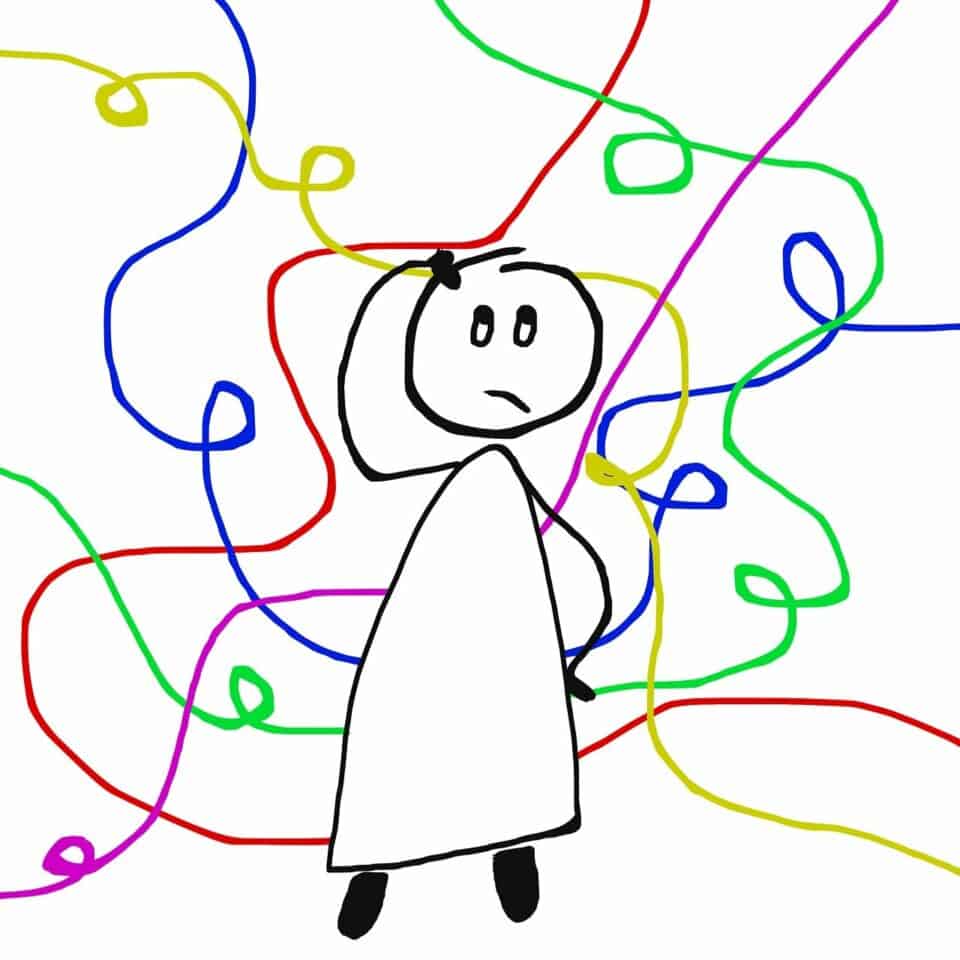 An image of a infants style drawing. A kind of stick man drawn with a black pen with a little arm/hand scratching its head. In the background are lots of different colours squiggles as if the person is very confused.