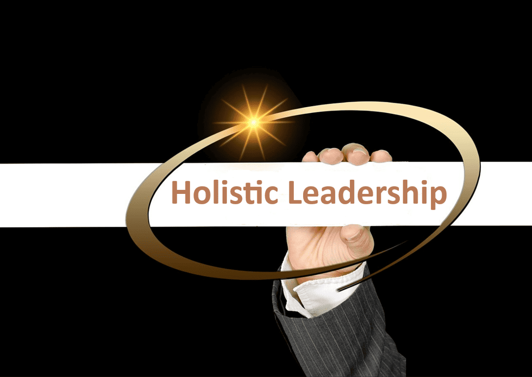 Business man's hand holding banner which states Holistic Leadership